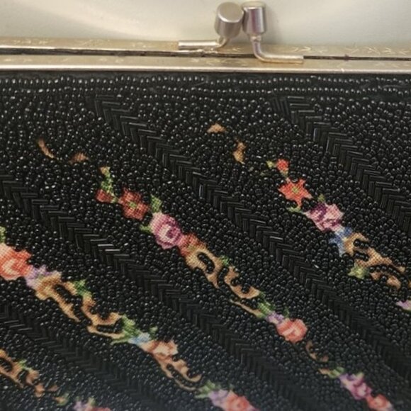 Vintage 70s, 80s, Made in Hong Kong Black Beaded bag with flower patterns - Picture 4 of 6